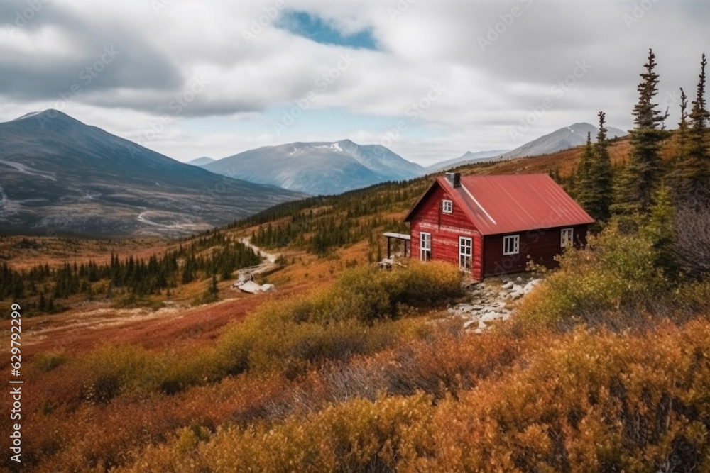 Red cabin in mountains