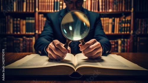 person holding a magnifying glass over a book, symbolizing research and education generative ai