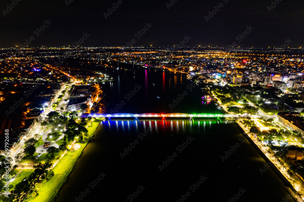 Truong Tien bridge in night, Hue city, Vietnam