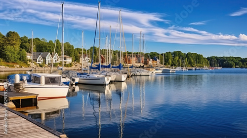 Baltic sea marina with yachts in the summer, Generative AI photo