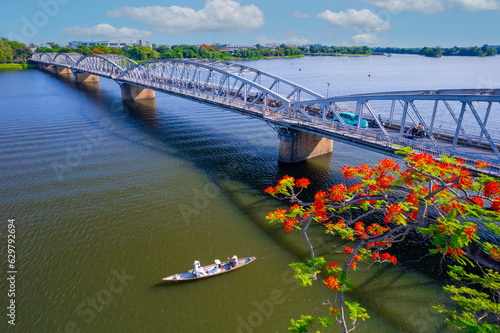Red Phoenix flowers bloom on the bank of the Perfume River, Hue city, Vietnam.