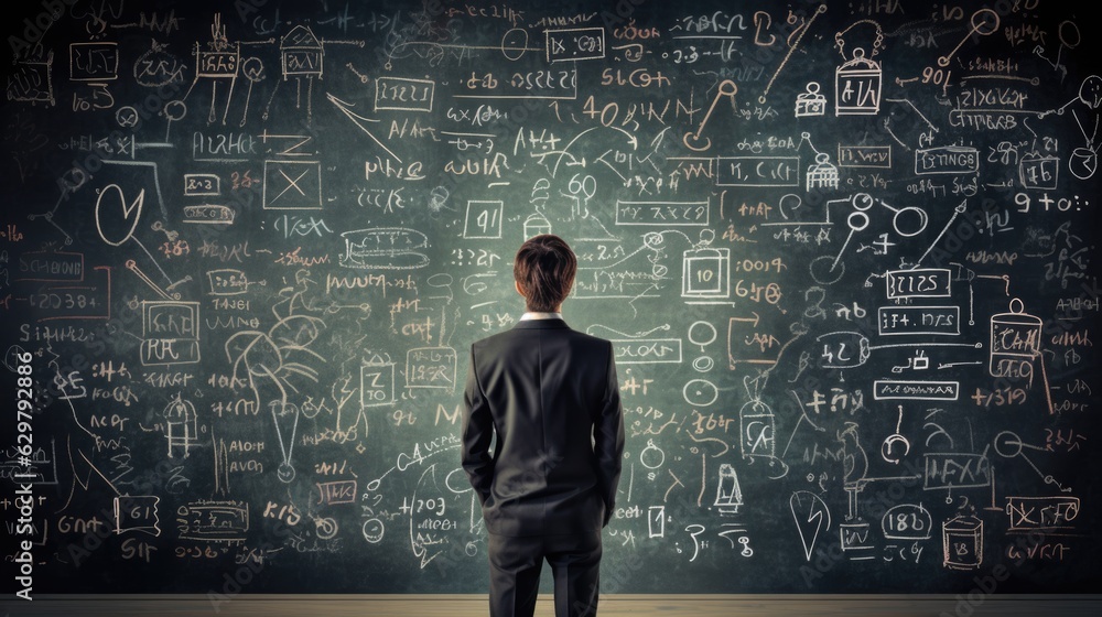 person standing in front of a chalkboard filled with equations, symbolizing the concept of learning and education. generative ai person standing in front of a chalkboard filled with equations, symbolizing the concept of learning and education. generative ai