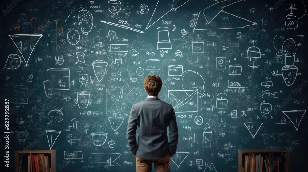 person standing in front of a chalkboard filled with equations, symbolizing the concept of learning and education. generative ai person standing in front of a chalkboard filled with equations, symbolizing the concept of learning and education. generative ai