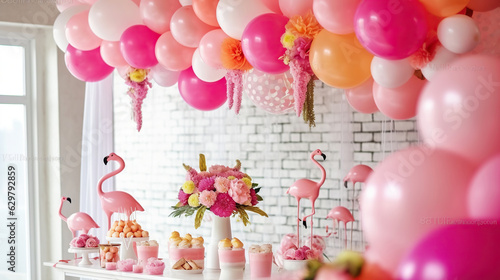 Candybar for child's birthday decorated with pink balloons and flamingos. Generative AI