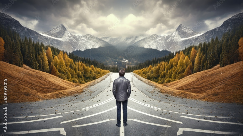 person standing in front of a road that splits into two, representing the concept of choices and decisions generative ai - obrazy, fototapety, plakaty 