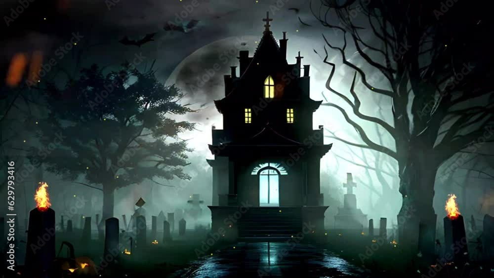 The Halloween illustration features a spooky house surrounded by bats and a grave. The full moon adds to the eerie atmosphere, creating a sense of mystery and horror. Scary haunted house concept. The Halloween illustration features a spooky house surrounded by bats and a grave. The full moon adds to the eerie atmosphere, creating a sense of mystery and horror. Scary haunted house concept.