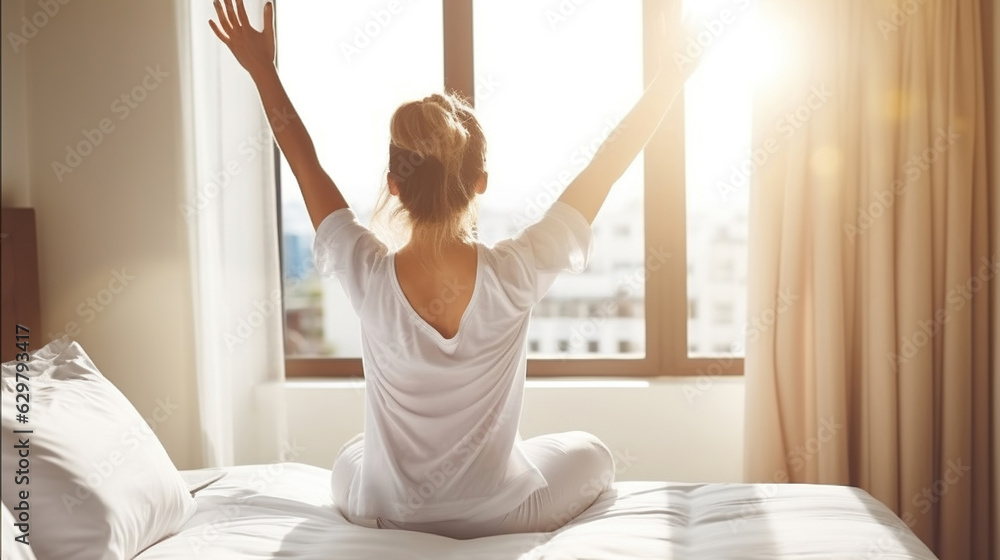 Young Woman's Morning Stretching Ritual in a Sunlit Hotel Room, Surrounded by White Linens and Tranquility. Generative AI Young Woman's Morning Stretching Ritual in a Sunlit Hotel Room, Surrounded by White Linens and Tranquility. Generative AI