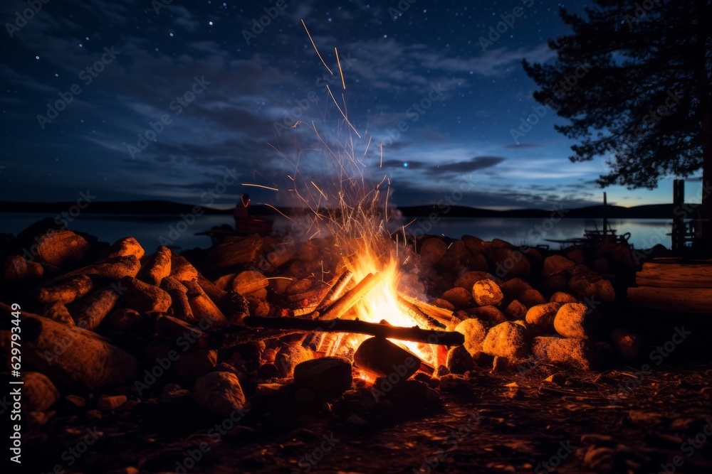 Campfire Under The Starry Night, Generative AI Campfire Under The Starry Night, Generative AI