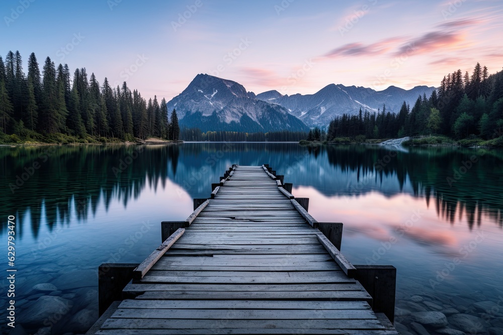 Obraz premium Mountain Lake Scene with Reflecting Peaks and Pier