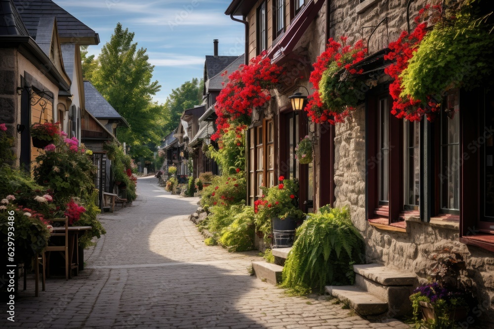 Stone Street in Romanticized Country Style with Flower-Adorned Windows