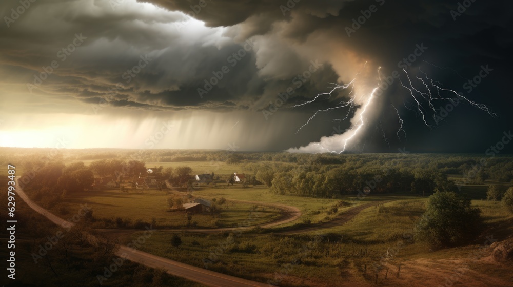 powerful tornado moving across a rural landscape, illustrating the destructive force of nature generative ai