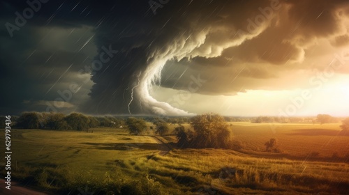 powerful tornado moving across a rural landscape, illustrating the destructive force of nature generative ai