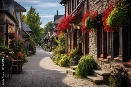 Stone Street in Romanticized Country Style with Flower-Adorned Windows