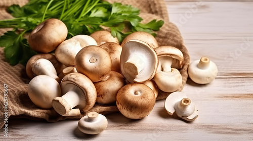 Artistic Composition of Farm-Raised Organic Mushrooms on a Textured Background.