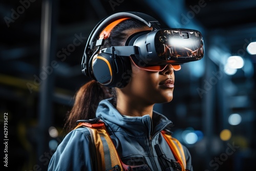 VR Glasses Work Industry A bustling industrial factory where technology and innovation reign supreme. Innovative and seen working with augmented reality.