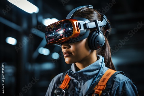 VR Glasses Work Industry A bustling industrial factory where technology and innovation reign supreme. Innovative and seen working with augmented reality. © sirisakboakaew
