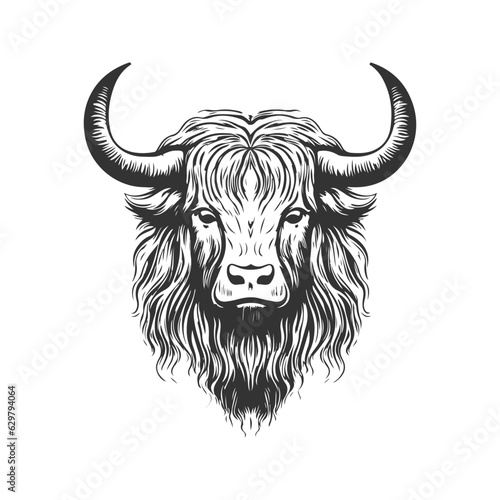 yak monster, vintage logo line art concept black and white color, hand drawn illustration