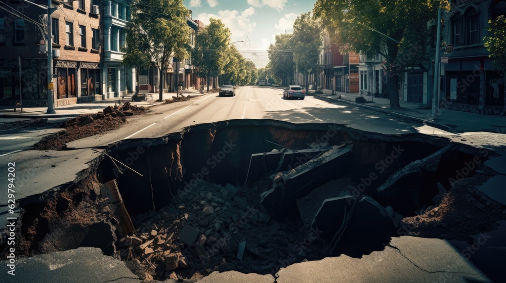 sinkhole in a city street, representing the danger of ground instability in urban areas. generative ai - obrazy, fototapety, plakaty 