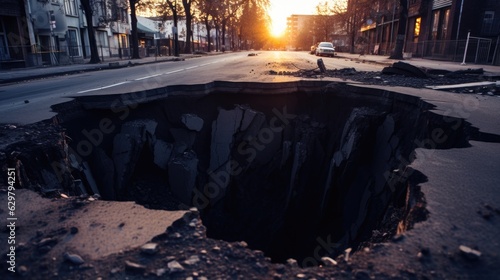 sinkhole in a city street  representing the danger of ground instability in urban areas. generative ai