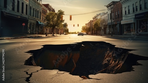 sinkhole in a city street, representing the danger of ground instability in urban areas. generative ai