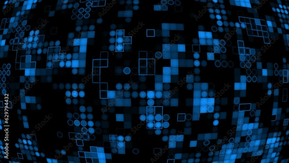 Appearing and disappearing 2d Royal blue circles and squares digital curve background, dark futuristic background Appearing and disappearing 2d Royal blue circles and squares digital curve background, dark futuristic background