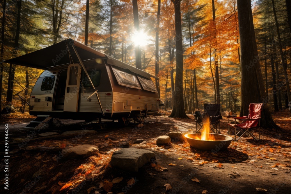 Camping Trip With Colorful Fall Foliage, Generative AI