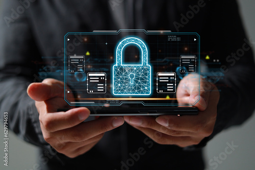 Fototapeta Naklejka Na Ścianę i Meble -  Protection network security safe your data concept. Digital crime by an anonymous hacker.