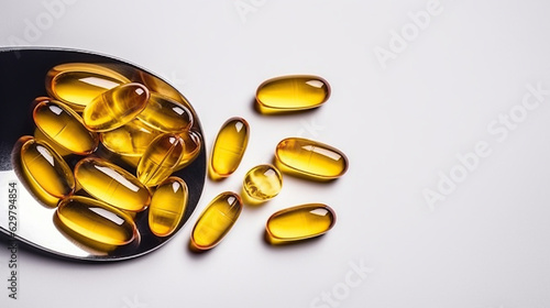 Pile of omega 3 fish liver oil capsules in spoon. Big golden translucent pills on isolated background. Generative AI