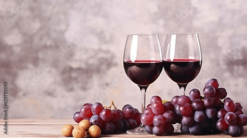 Wallpaper Mural Two glasses of vintage red wine and bunch of grapes on wooden table, grunged concrete wall background. Expensive bottle of cabernet sauvignon concept. Generative AI Torontodigital.ca