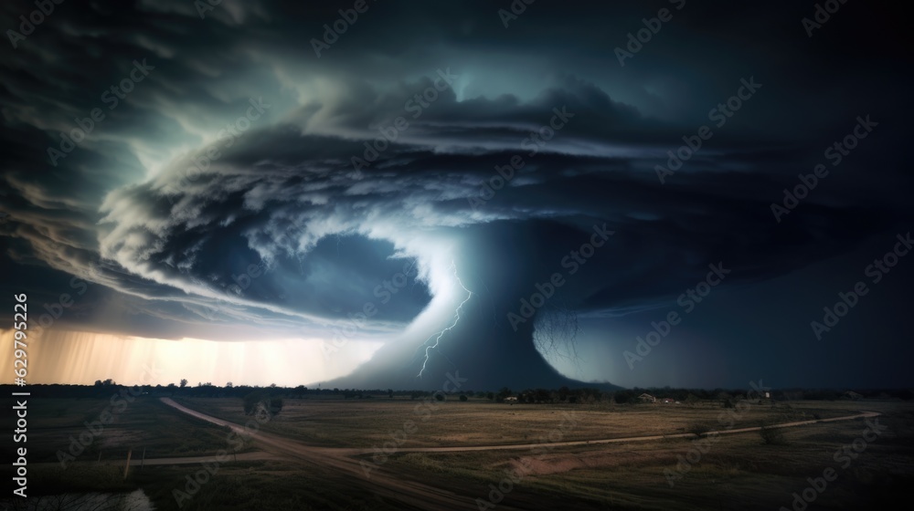 tornado in the distance, with a dark, stormy sky overhead, illustrating the threat of severe weather generative ai