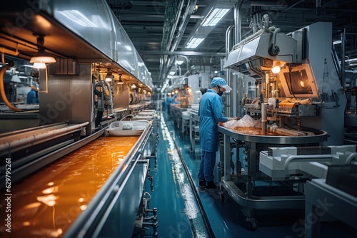 Food packing factory workers are working.