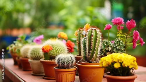 Colorful Cacti in Flowerpots Flourishing Against a Serene Green Nature Backdrop. Generative AI
