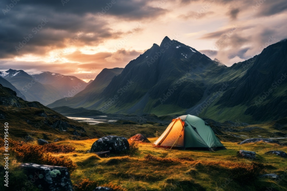 Campsite With A Panoramic Mountain Background, Generative AI - obrazy, fototapety, plakaty 