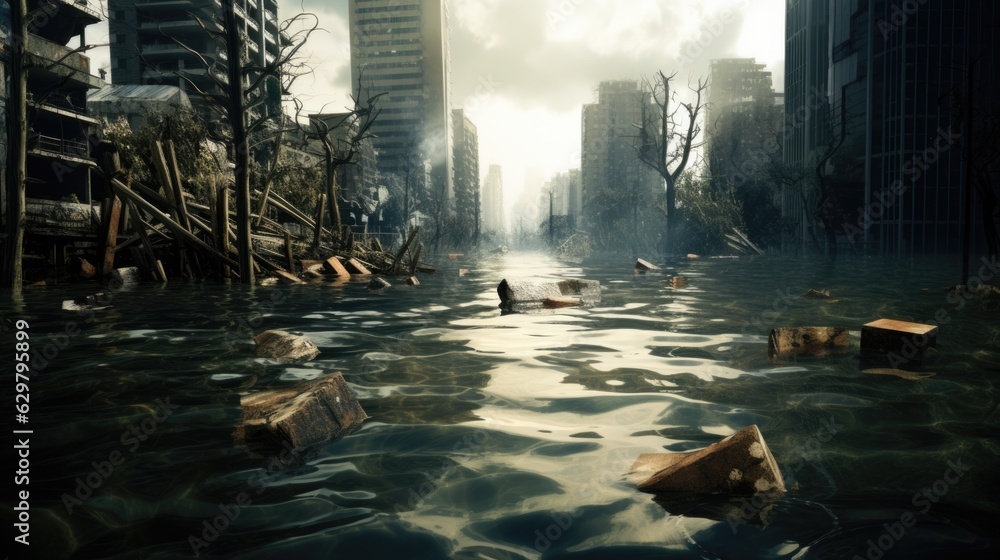 city submerged in water, illustrating the aftermath of a devastating