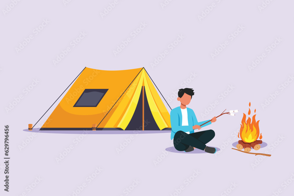 Traveler or explorer on mountain or valley concept. Colored flat vector illustration isolated. 