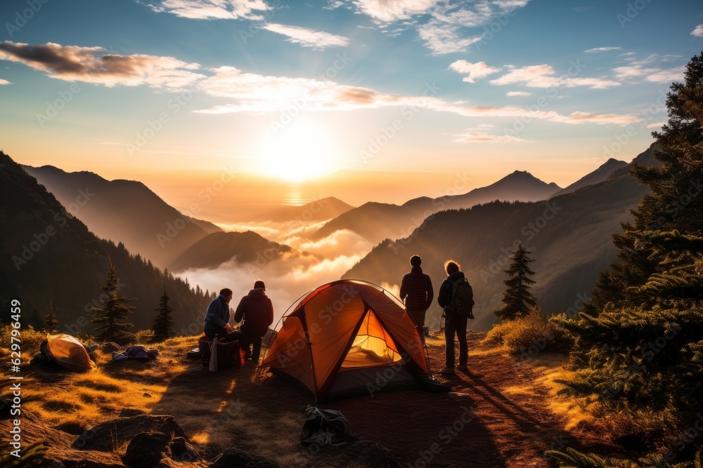 Group Of Hikers Setting Up A Tent On A Mountain, Generative AI.