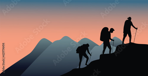 Illustration of silhouettes of climbers on the mountain peak with backpacks, sunrise. Flat vector design illustration