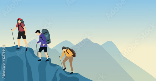 Climbers characters with backpacks hiking in the mountains, summer adventure. Flat vector illustration isolated on a mountain background