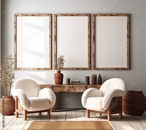 Mockup frame showcased in a cozy farmhouse living room interior, 3D render. Created with Generative AI technology