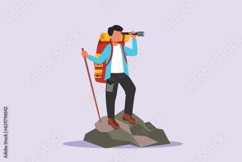 Traveler or explorer on mountain or valley concept. Colored flat vector illustration isolated. 