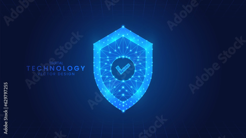 Cyber Security, blue check mark. Digital shield protection blue polygone