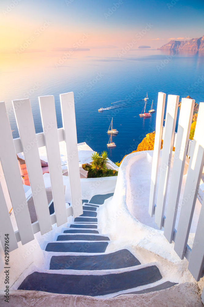 Open Gate to Paradise. Santorini, Greece. White architecture, open doors and steps to the blue sea of Santorini, Oia