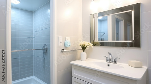 New bathroom interior with illuminated mirror. Generative AI