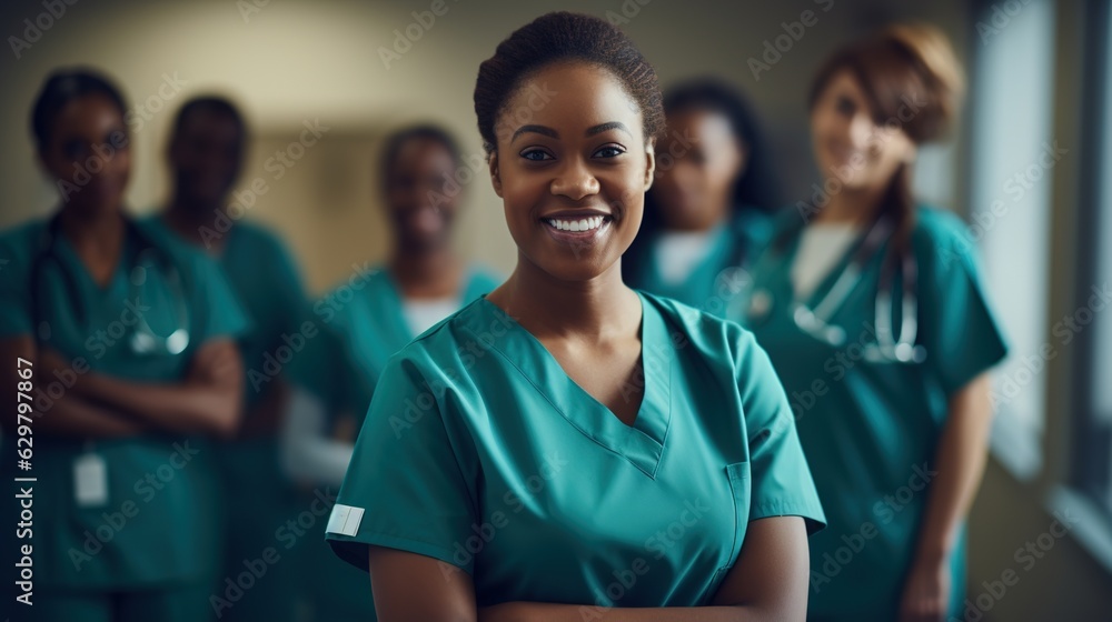 A young African American nursing student standing with her team in a hospital wearing scrubs. A young African American nursing student standing with her team in a hospital wearing scrubs.