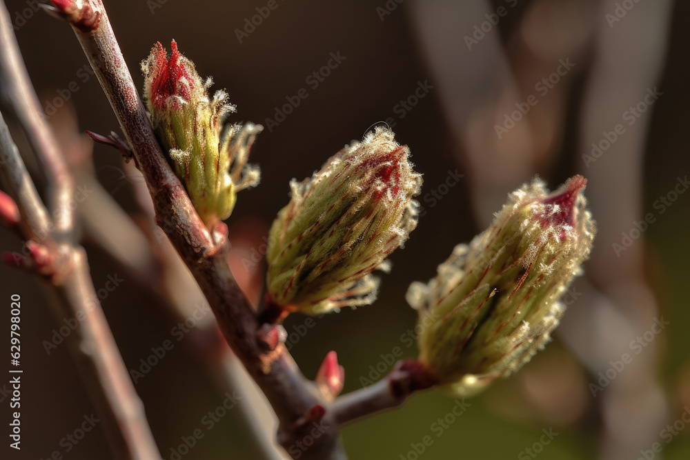Fototapeta premium Blooming willow buds. Generative AI.