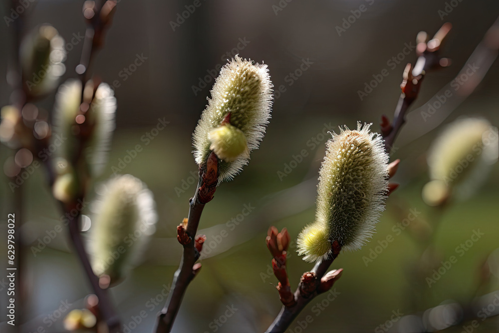 Blooming willow buds. Generative AI. Blooming willow buds. Generative AI.