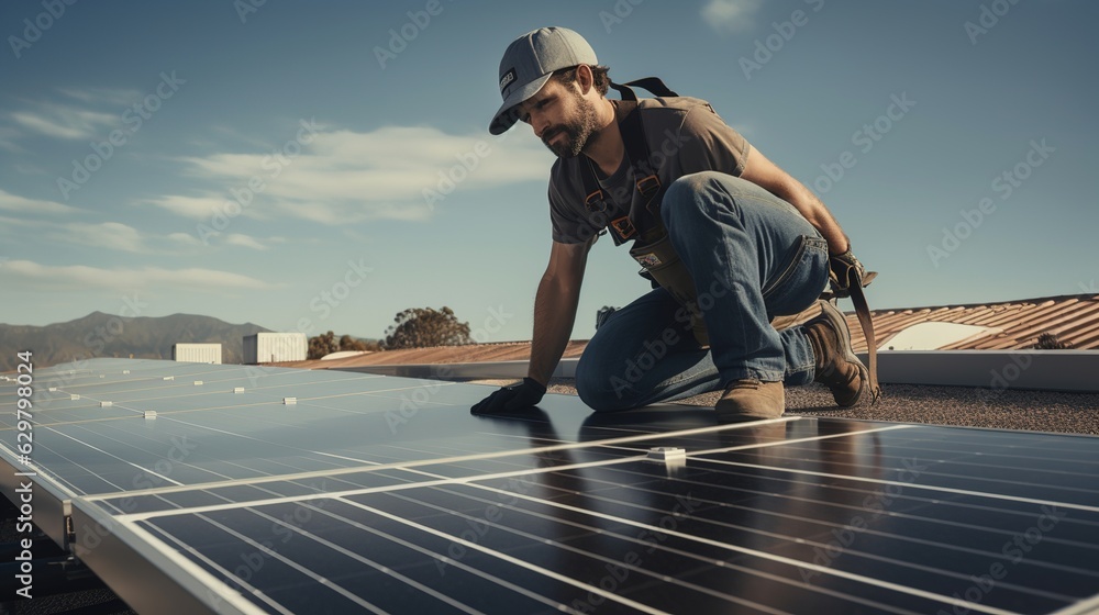 Solar power engineer installing solar panels, on the roof, electrical technician at work, alternative renewable green energy generation concept Solar power engineer installing solar panels, on the roof, electrical technician at work, alternative renewable green energy generation concept