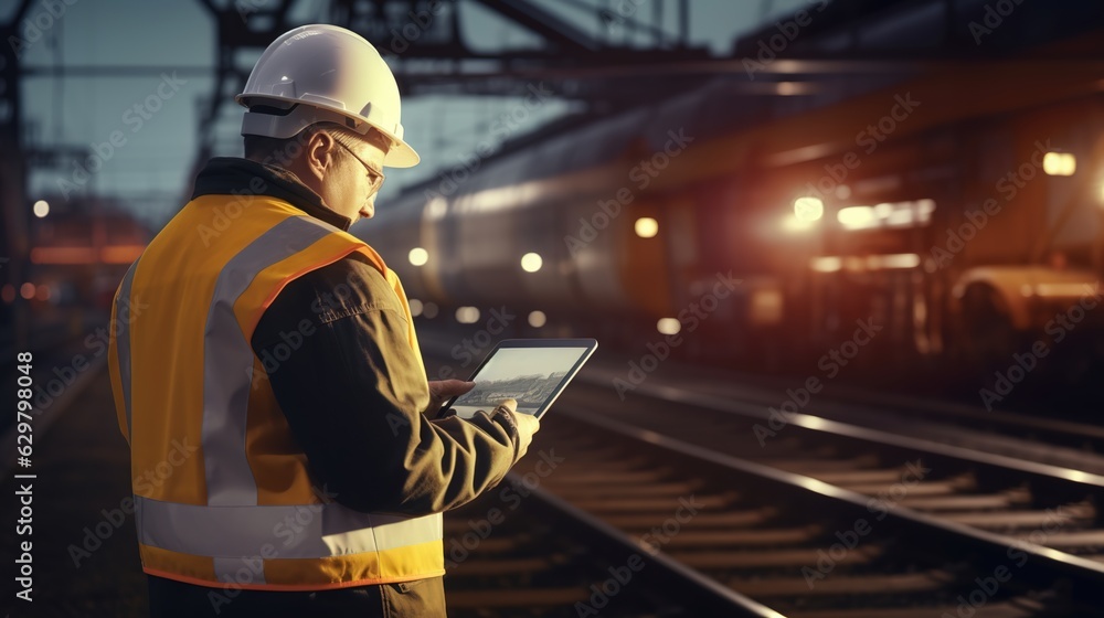 Engineer using tablet checking and analysis data systems electrics of track on railway on networking, Modern Industrial and transportation. Engineer using tablet checking and analysis data systems electrics of track on railway on networking, Modern Industrial and transportation.