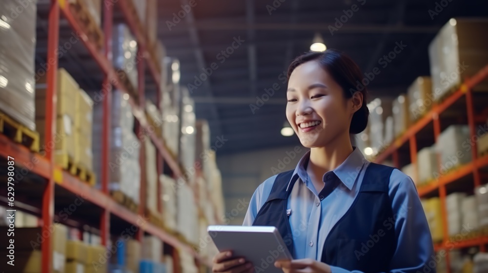 Happy young Southeast Asian woman holding tablet in hand walking inspecting export warehouse. Happy young Southeast Asian woman holding tablet in hand walking inspecting export warehouse.