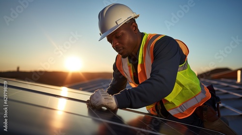 Solar power engineer installing solar panels, on the roof, electrical technician at work, alternative renewable green energy generation concept